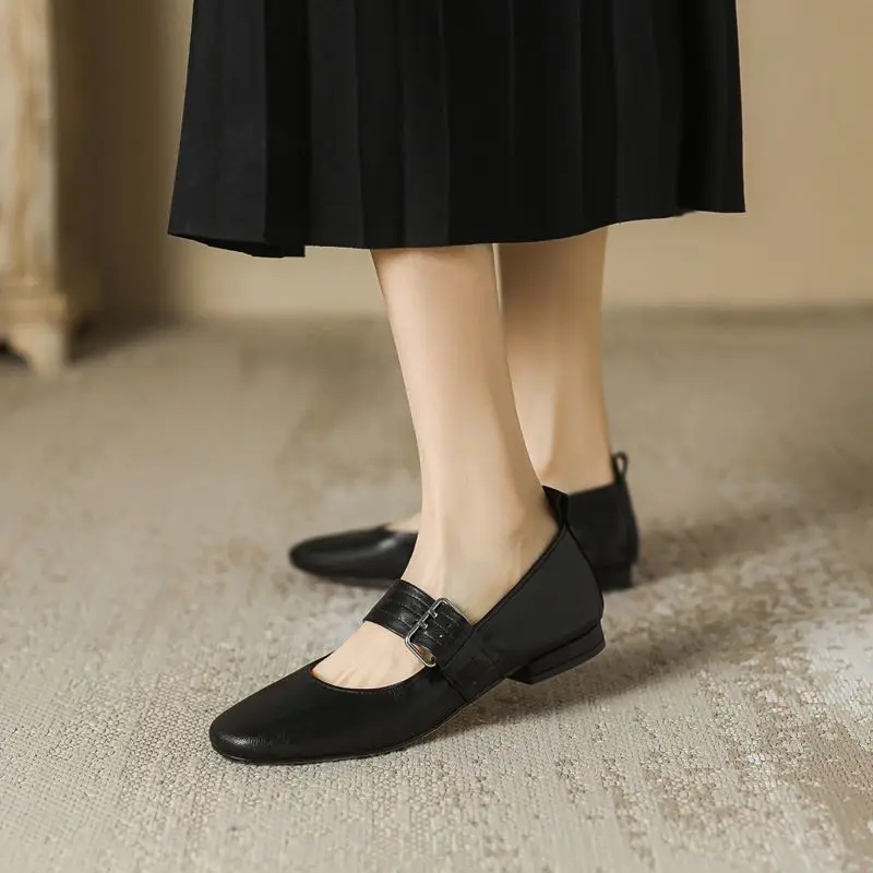 TOTOMELA Size 34-43 New Genuine Leather Shoes Women Flats Buckle Square Toe Mary Janes Flat Shoes Woman Ladies Office Dress Shoe