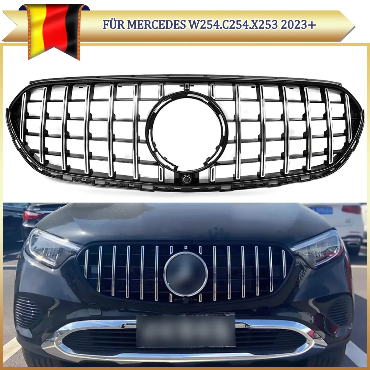 Für Mercedes-Benz GLC-Klasse X254 2023 2024 2025 GTR-Style Vorderer Mittlerer Stoßfänger Oberer Kühlergrill Chrom-Zierleiste Schwarzer Grill ABS