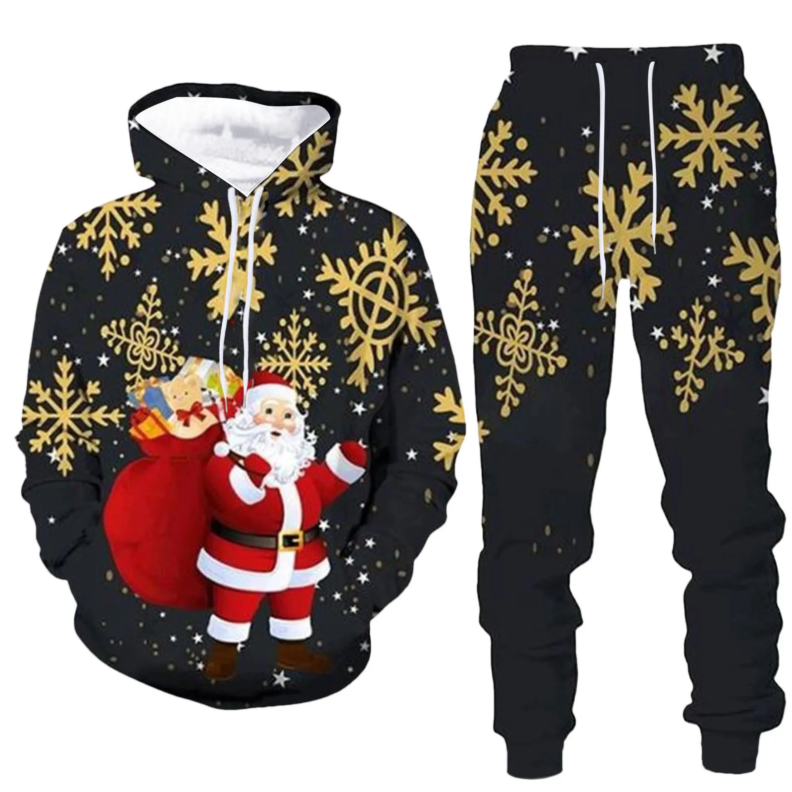 Christmas Men Hoodies Suit Cartoon Santa Claus Print Patchwork Hooded Sweatshirts+Jogger Running Baggy Harem Pant Sets Plus Size