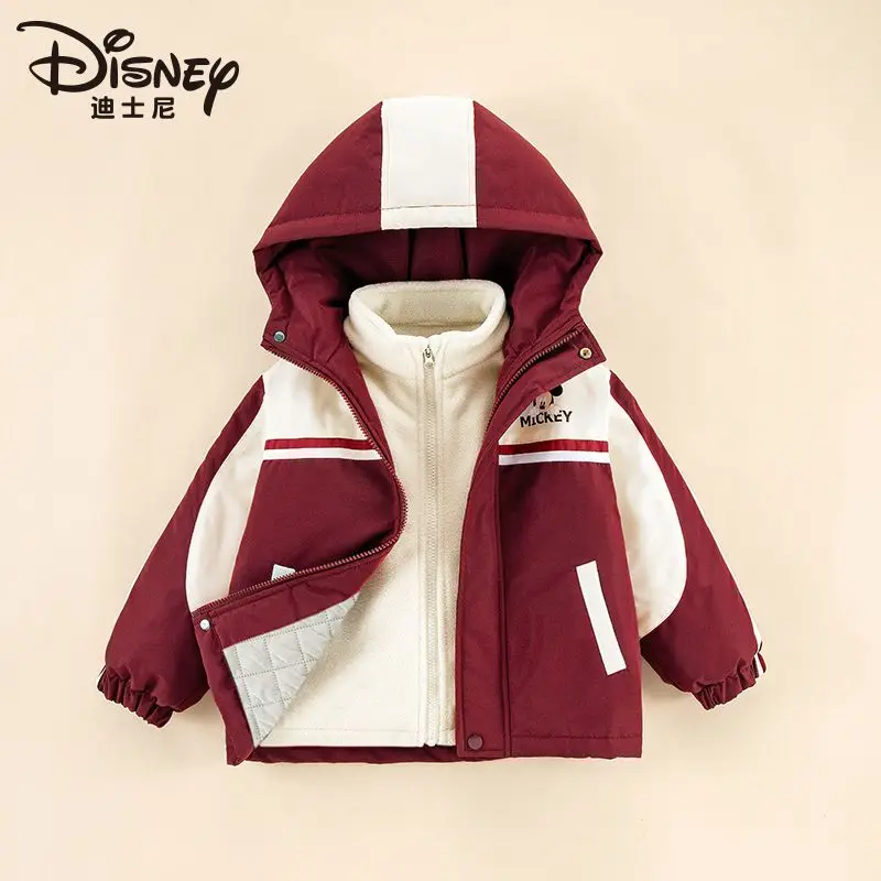 Disney Mickey เด็กชายและเด็กหญิงน่ารักฤดูใบไม้ร่วงและฤดูหนาวส่วนบุคคลอินเทรนด์การ์ตูนประกบผ้านวมแจ็คเก็ตลําลองสามในหนึ่งเดียว