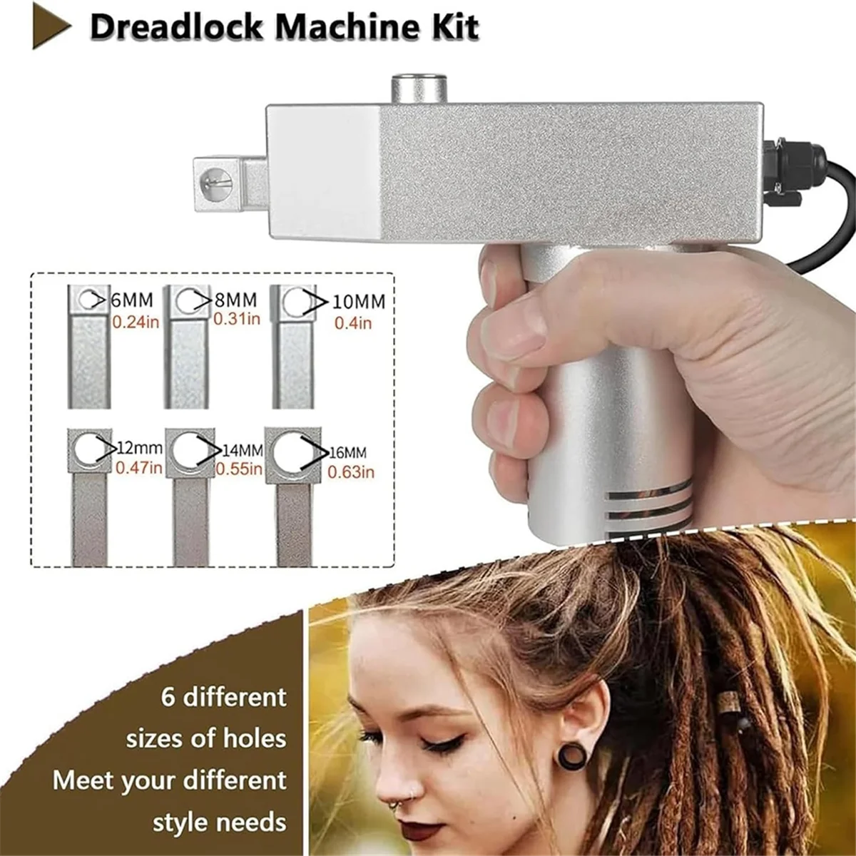 آلة Dreadlock الأوتوماتيكية A83Z - تجديل الشعر الكهربائي المحمول، مناسبة للشعر البشري والصناعي (6-16 مم) بقابس أمريكي #6