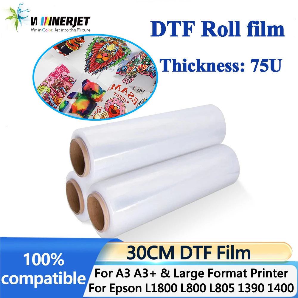 30cm*100M 롤 PET 필름 단면 및 양면 DTF 필름 인쇄 직접 전사 필름 75U 에프슨 L1800 I3200 XP600용