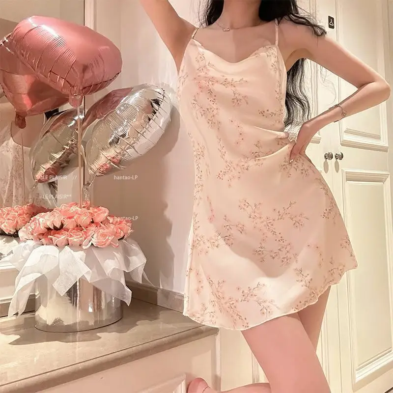 150kg Large Size Loose Nightdress Women Sexy Backless Ice Silk Slip Home Dress Short Loungewear Summer Thin Plus Size Pajamas