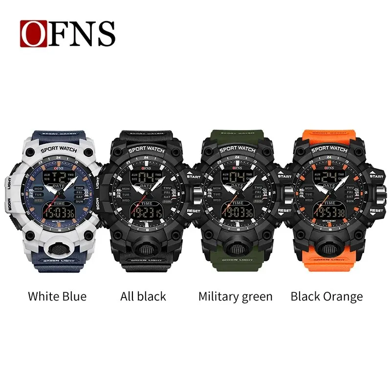 OFNS Top Dual Display Men Watches Waterproof Sports Watch Military Man Alarm Stopwatch Quartz Wristwatch Male Digital Clock