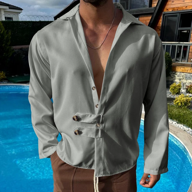 

Mens Fashion Solid Color Cardigan Tops Vintage Turn-down Collar Buttoned Shirts Men Spring Long Sleeve Casual Shirt Streetwear