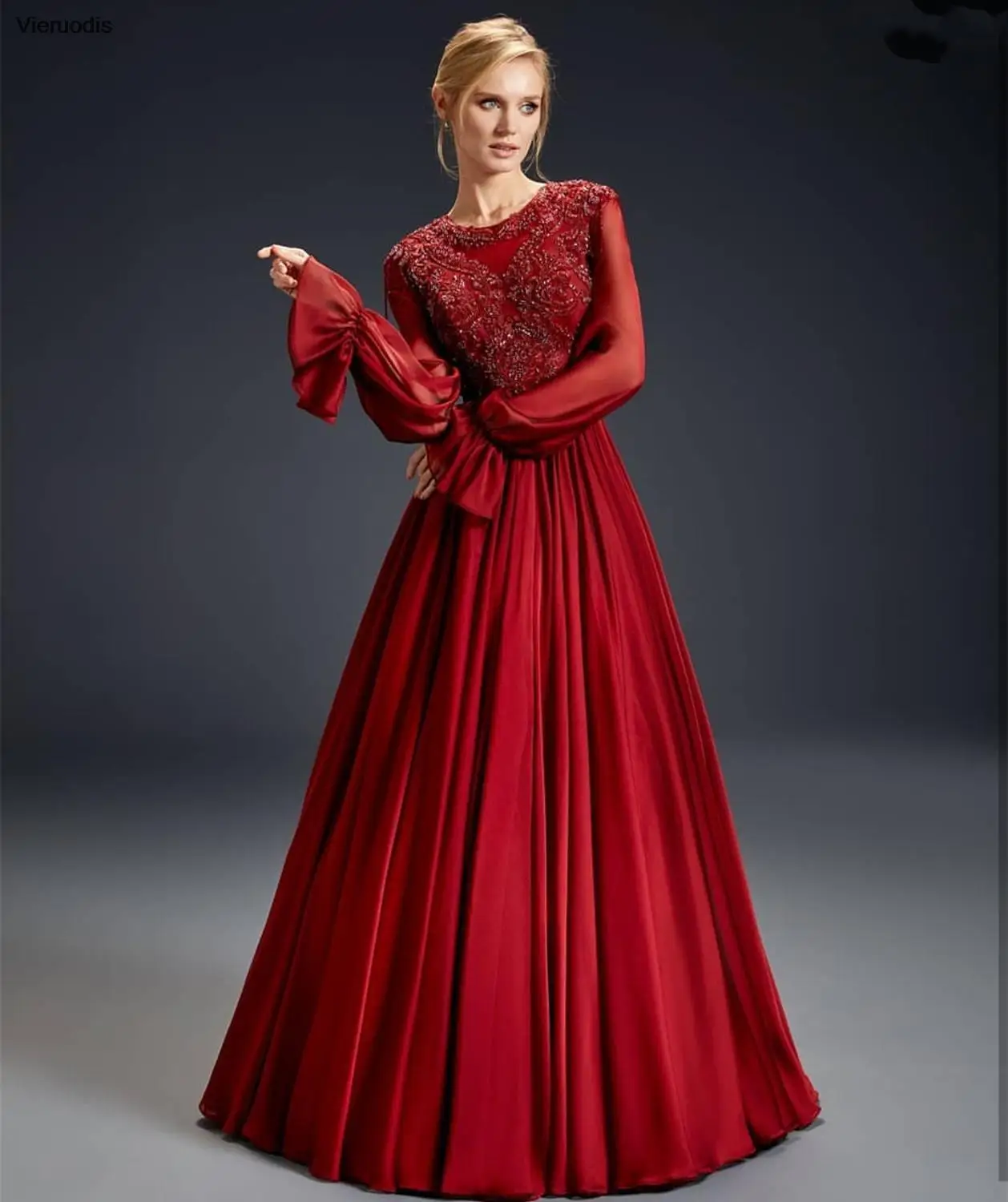 

Evening Dress Burgundy Long Sleeve A-Line Lace Appliques Satin O-Neck Unique Design Red Wine Women Party Formal Gown Crystal