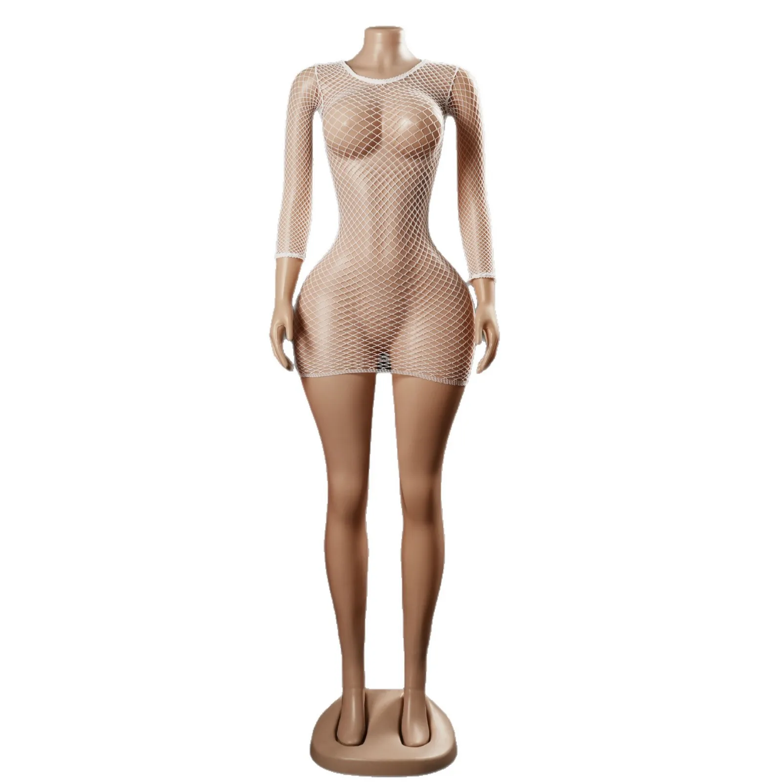 Sexy Dress Flirtative Uniform Hollow Out One-Piece Long Sleeve Fishnet Bodycon Dress Pure Desire Charming Dress Elegant RD4I