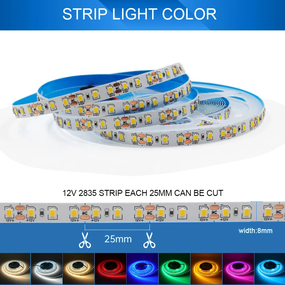 12V LED Strip SMD 2835 100M LED Stripe Tape Light 120LEDs/M Flexible Strip Ribbon Lamp Home Decor Light with 2pin Wire 9 Colors