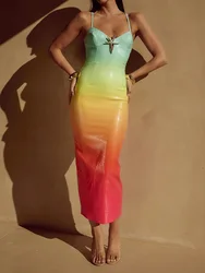 Gradient Sleeveless Fashion Pencil Dress, Women Summer Printing V Neck Elegant Maxi Dress, 2024 Backless Patchwork Ladies Dress