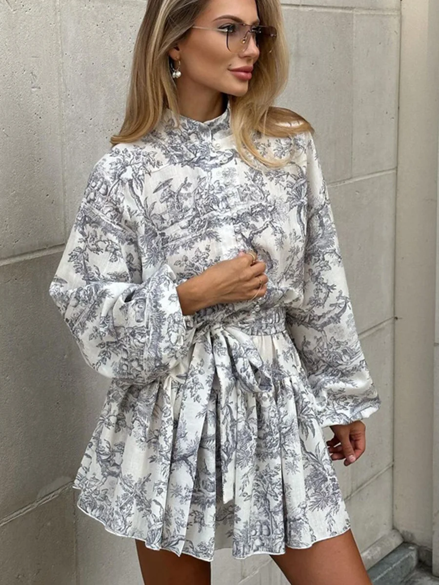 Damska sukienka koszulowa z długim rękawem, zapinana na guziki, z bufiastymi rękawami, z wysokim stanem, w kształcie litery A, mini, z nadrukiem roślin, w stylu francuskim vintage.