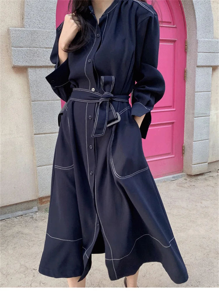 

Korean Women Chic Long Blazer Dress Chic Bright-Line Single Breasted Elegant Dress Office Ladies Minimalist Sash Long Dresses