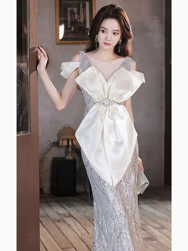 Sequined banquet fishtail one-shoulder light luxury and niche design adult host flash dress