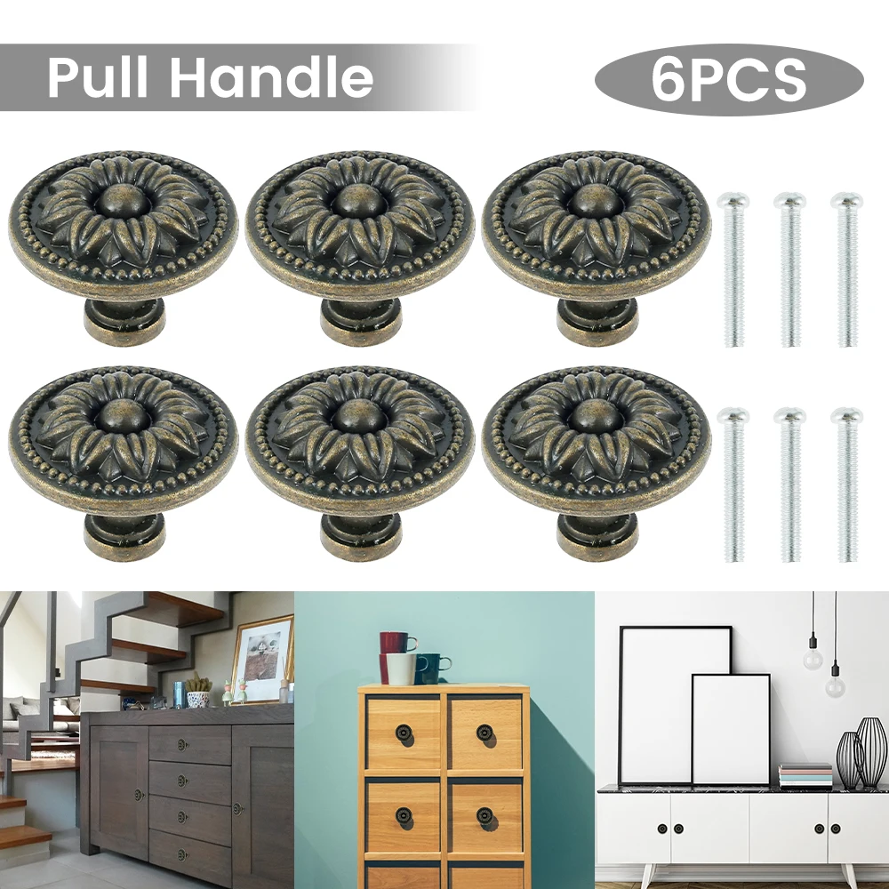 6/12Pcs Vintage Cabinet Knobs, Bronze Single‑Hole Pull Handles for Kitchen Cupboard, Bedside Table and Drawer