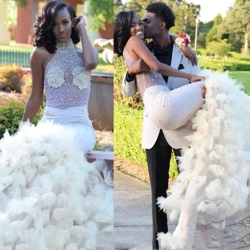 Suknie ślubne syreny na zamówienie, seksowne, przezroczyste, czarne, afrykańskie suknie balowe dla dziewczyn, plus size, Vestido De Fiesta, zdobione koralikami 2025