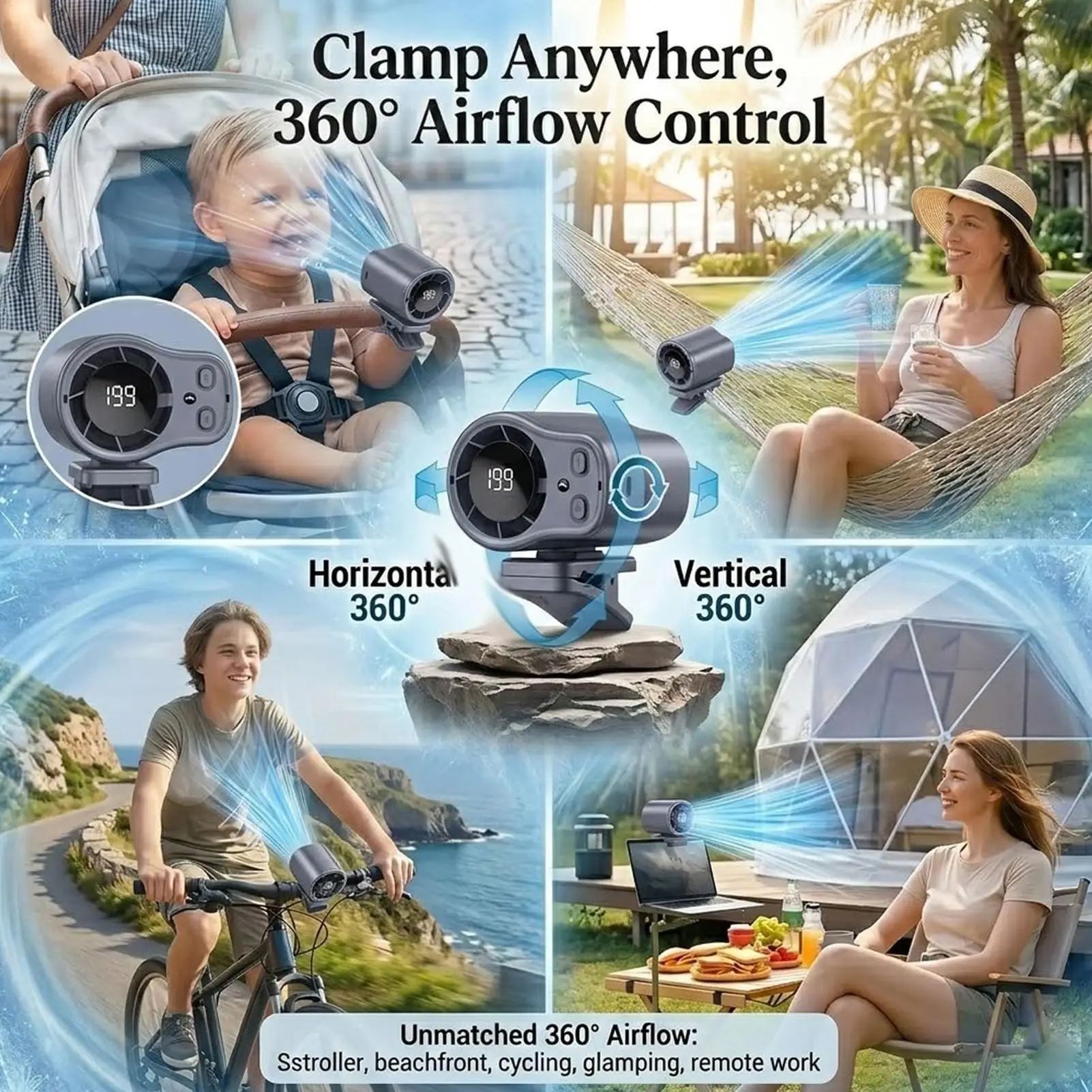 

Small Fan Clip On Low Noise LED Display Personal Cooling Fan For Cycling Traveling Fishing Camping Beach Road Trip Jobsite Men