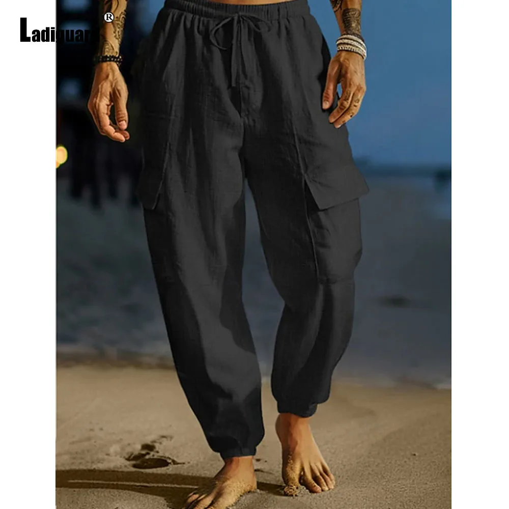 Men Casual Cotton Bloomers Stand Pocket Pants Plus Size 3xl Mens Vintage Ankle-Length Pants Solid White Black Soft Cargo Trouser