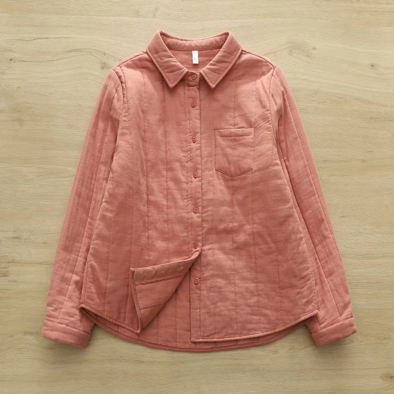 Novo 2025 inverno algodão acolchoado camisa de manga longa, feminino turn-down colarinho bolso, mori menina ol comute quente blusa solta t5d448cc