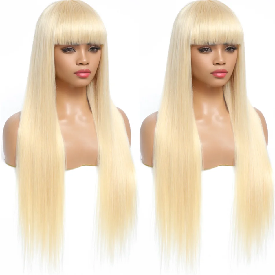 613 Honey Blonde Straight Human Hair Wig With Bangs Remy Hair Fringe Wigs For Women 180%Full Density Machine Made Wig With Bangs