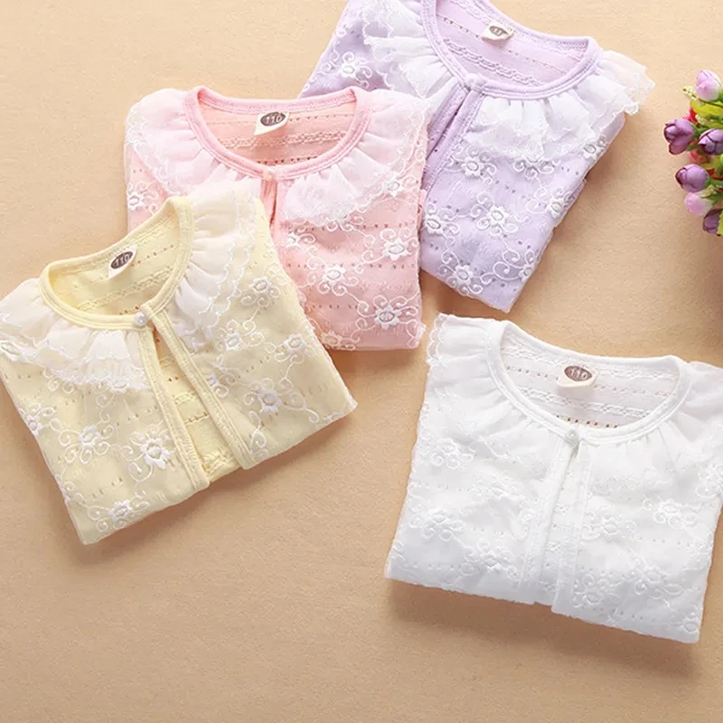 Spring and Summer New Baby Girl' Lace Edge Cardigan Casual Children's Long Sleeved Home Clothes Girls' Sweet Sunscreen Cardigan