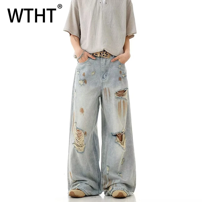 

WTHT Vintage Men's Hole Graffiti Burr Edge Do Old Design Denim Pants Fashion 2025 Summer High Street Wide Leg Jeans Male 2A1112