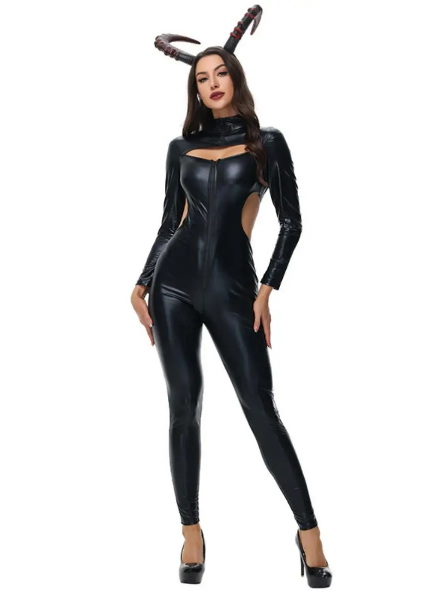 Gothic k Halloween Kostüm Bla Leder Hexe Gehörntes Outfit Damen Faion Bühnenaufführung Traditionelles Hanfu