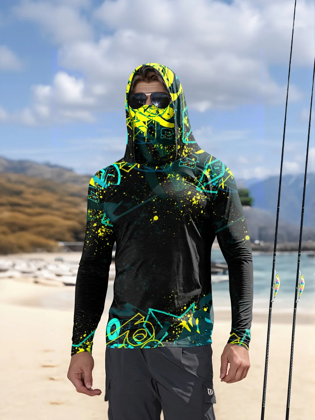 Men UPF50+ Fishing Hoodie With Face Mask Graffiti Print Long Sleeve Quick Dry Sun Protection Outdoor Fishing Shirts Tops