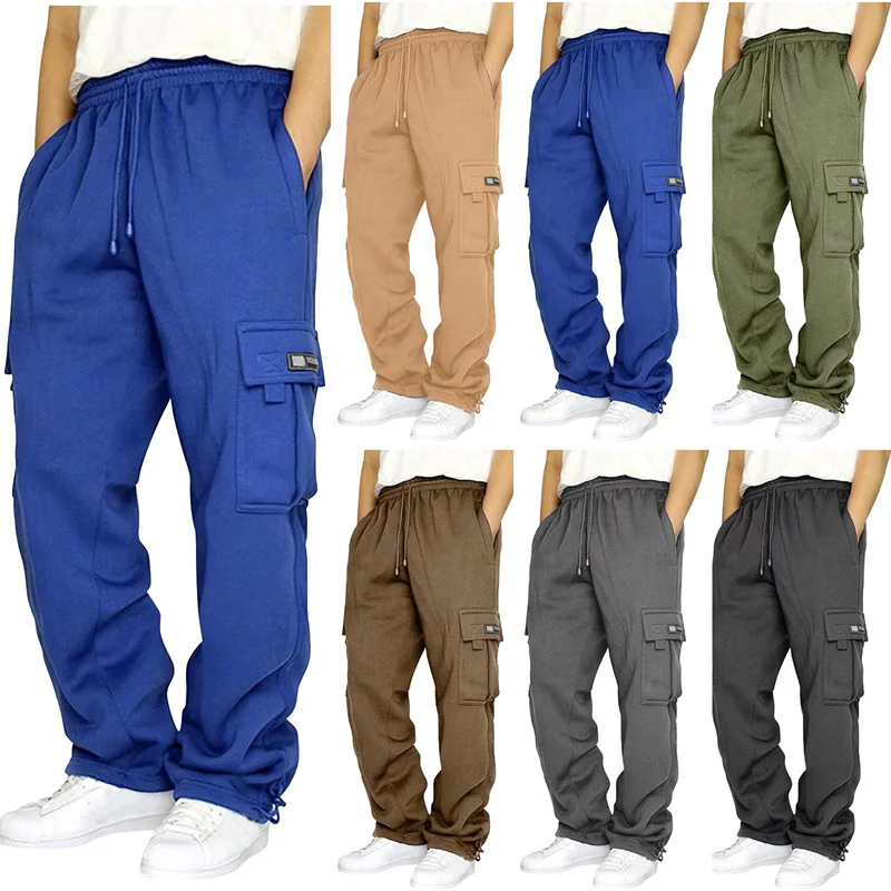 Pantalon de jogging décontracté pour homme, automne-hiver, couleur unie, multi-poches, coupe droite, ample, grande taille, pantalon cargo pour homme
