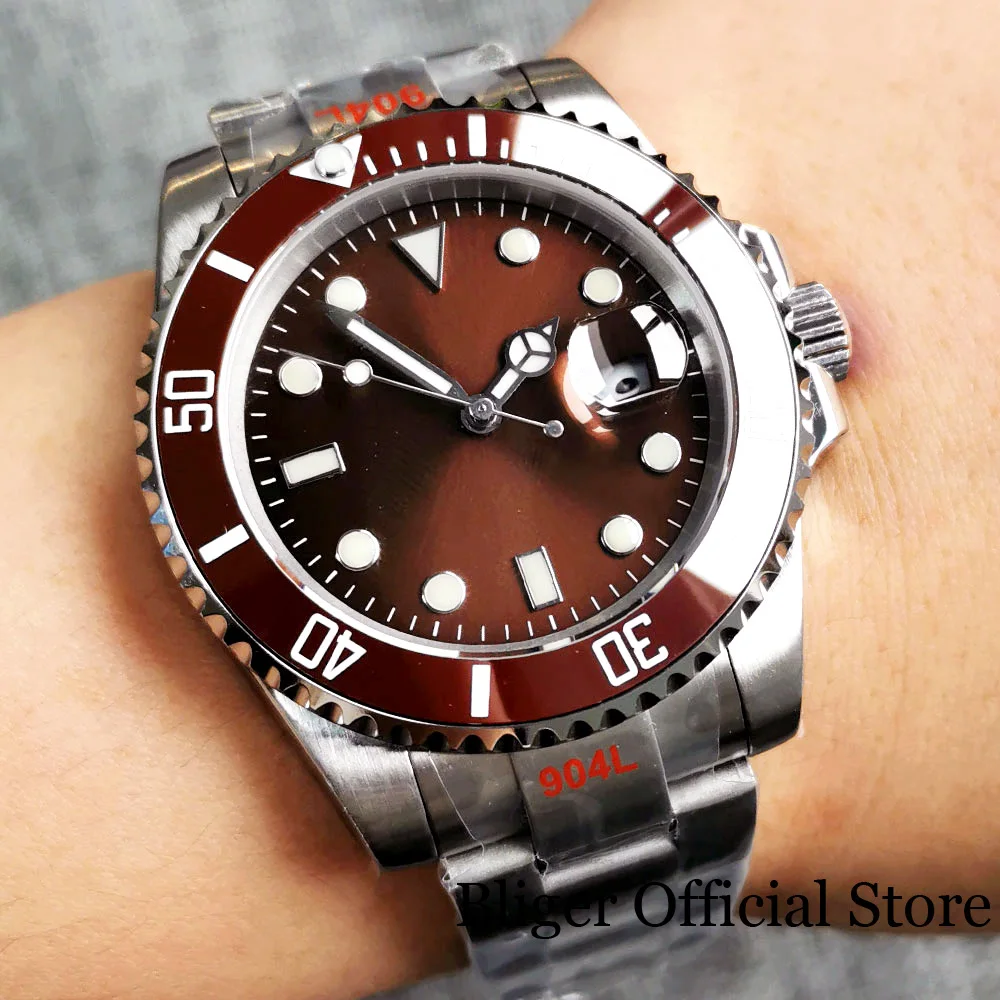 BLIGER Sapphire Glass 40MM Brown Sterile Dial Ceramic Rotating Bezel Luminous Marks Miyota 8215 Automatic Movement Men's Watch
