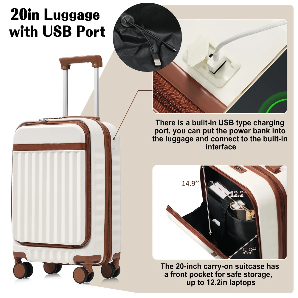 

ABS Hardshell 3Pcs Luggage Set 20" Airline Approved Carry On USB Port Front Opening Spinner Wheels Travel Trolley