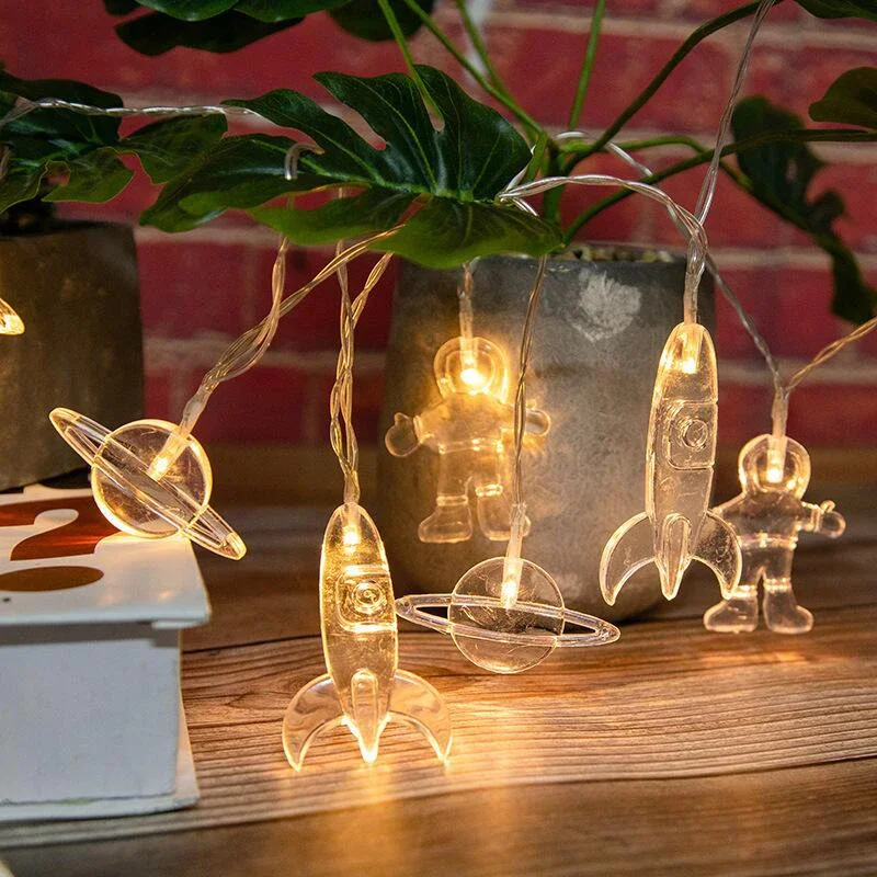 LED Cartoon String Lights Battery Powered Astronaut Rocket Children's Room Decora Lights For Birthday Christmas Party Ornament