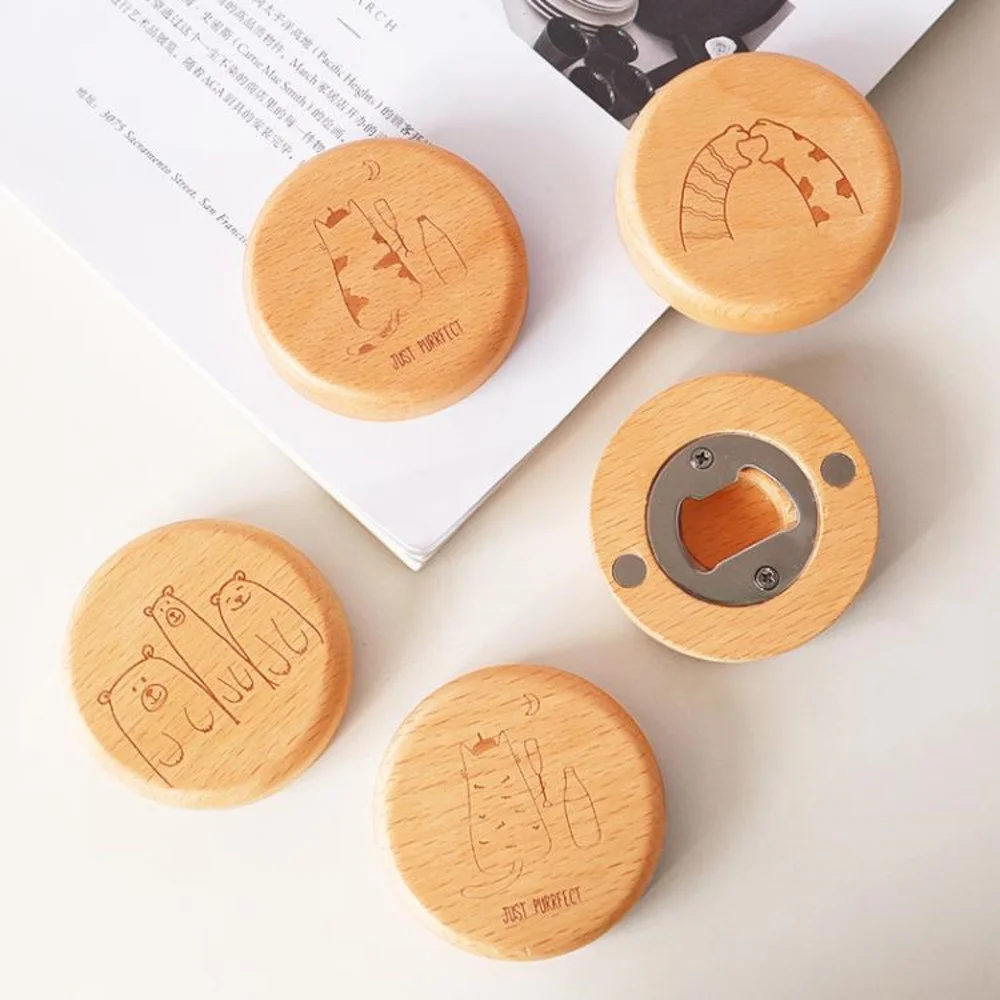 100Pcs Blank DIY Beech Wooden Round Shape Bottle Opener Coaster Fridge Magnet Decoration Beer Bottle Opener Custom