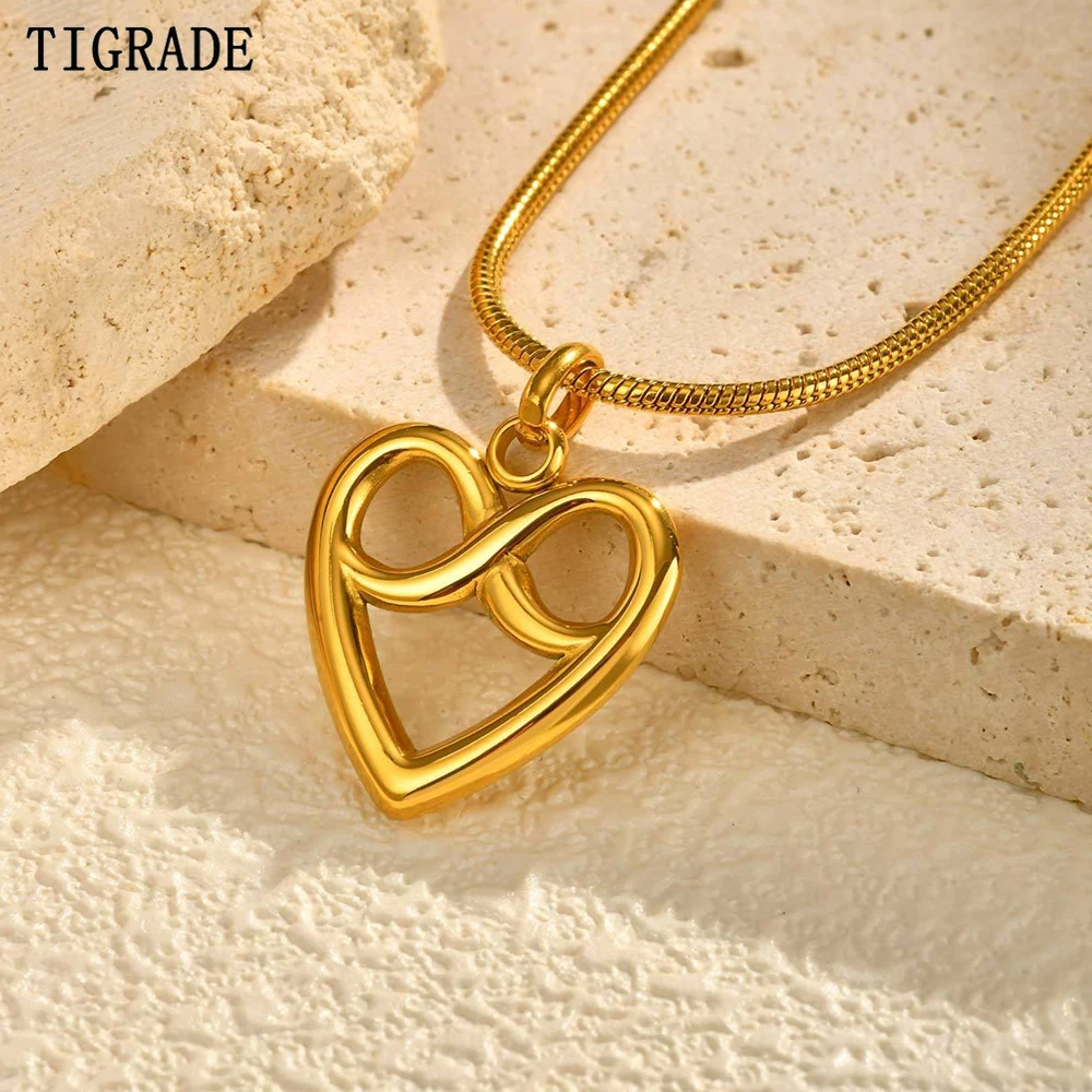 Tigrade Hollow Love Heart Pendant Necklace For Women Stainless Steel Infinity Geometric Clavicle Chain Necklaces Jewelry Gifts