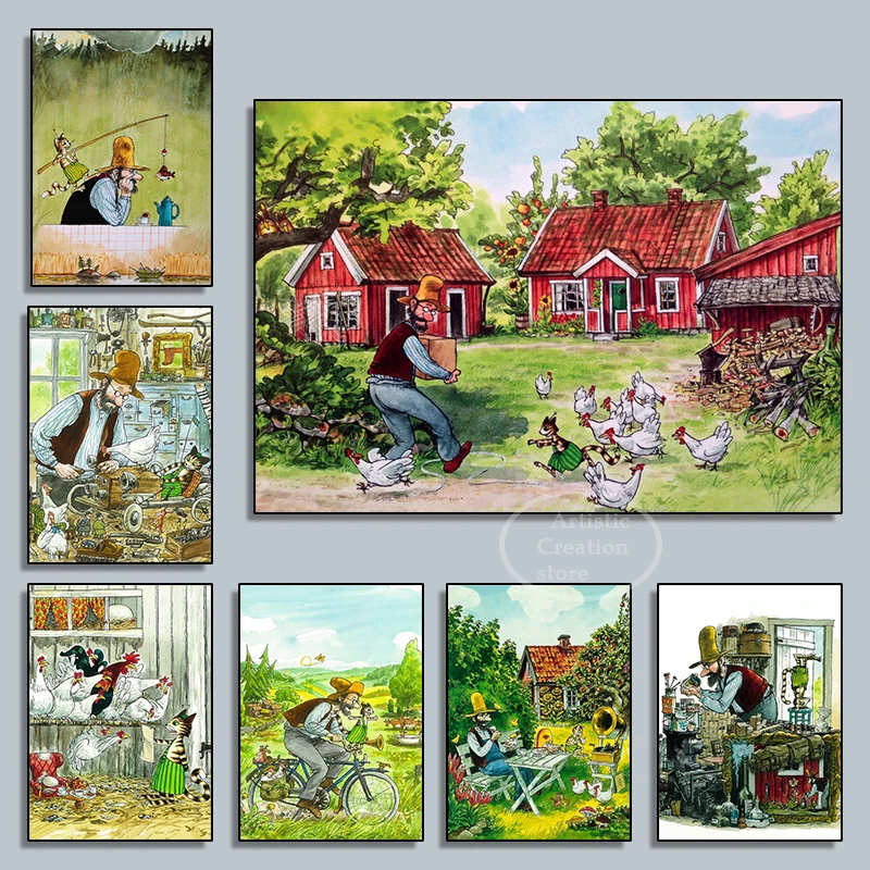 Anime Swiss Art Pettson and Findus Canvas Painting Posters Classic Wall Posters Wall Art for Nursery Kids Bedroom Art Home De