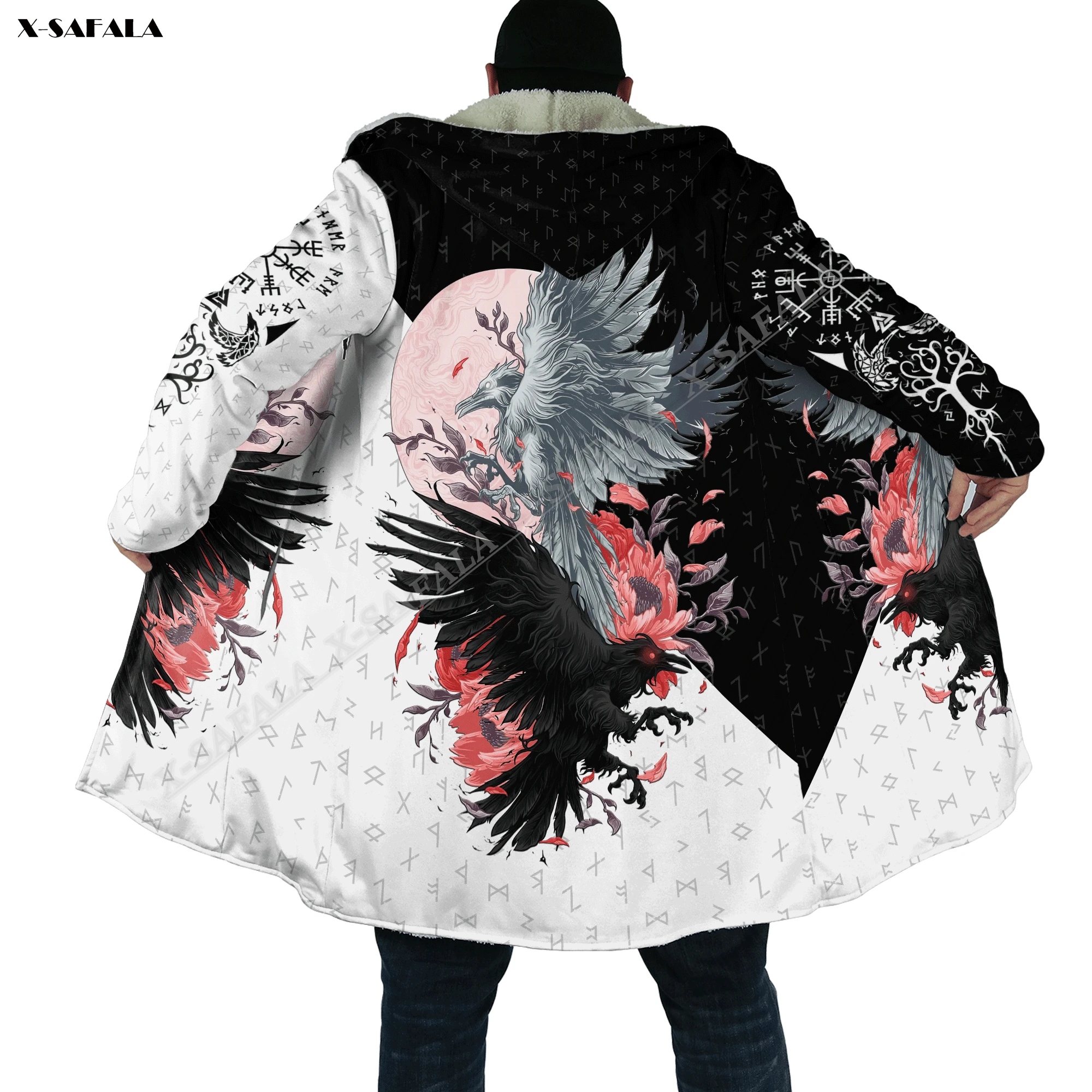 

Raven Moon Darkness Viking Tattoo 3D Printed Cloak Thick Winter Warm Hooded Blanket Coat Fleece Men Female Jacket Pullover