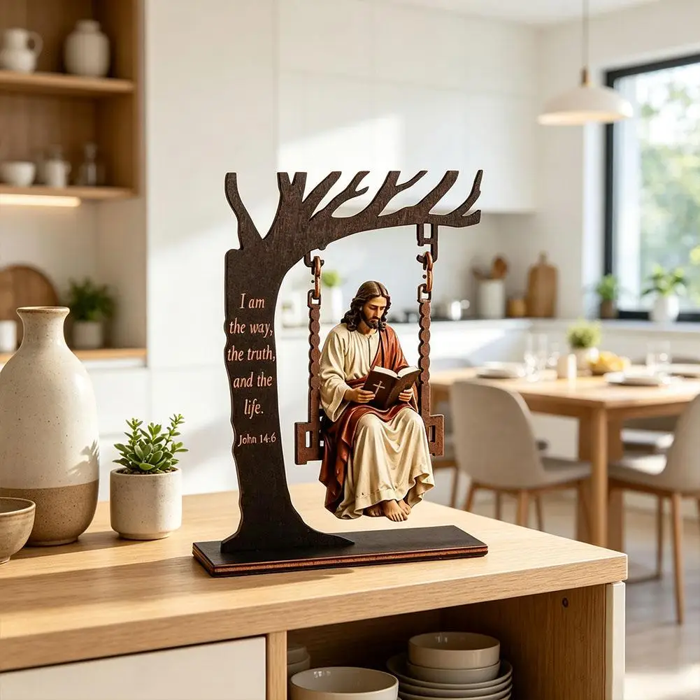 Christliche Jesus-Schaukel Tischdekoration Holzbaumrahmen Mit Bibelvers Religiöse Figur Glaubens-Heimdekoration Schreibtisch-Ornament – Detail 6