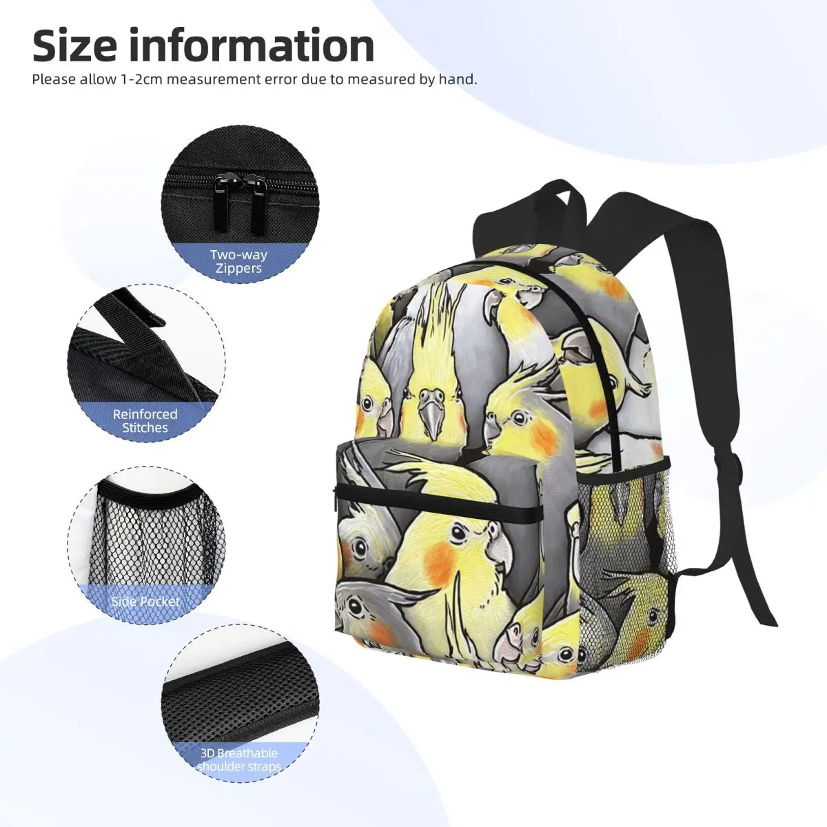 Cockatiels Galore Parrot Birds  Student Backpack School Bag Hiking Travel Daypack for Boys Girls Bookbag Shoulder Bags