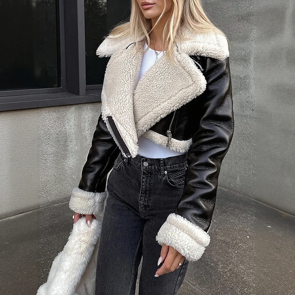 Women's Winter Biker Jacket Black Leather Base Contrast White Faux Fur Collar and Cuffs Full Zipper Closure Cropped Fit
