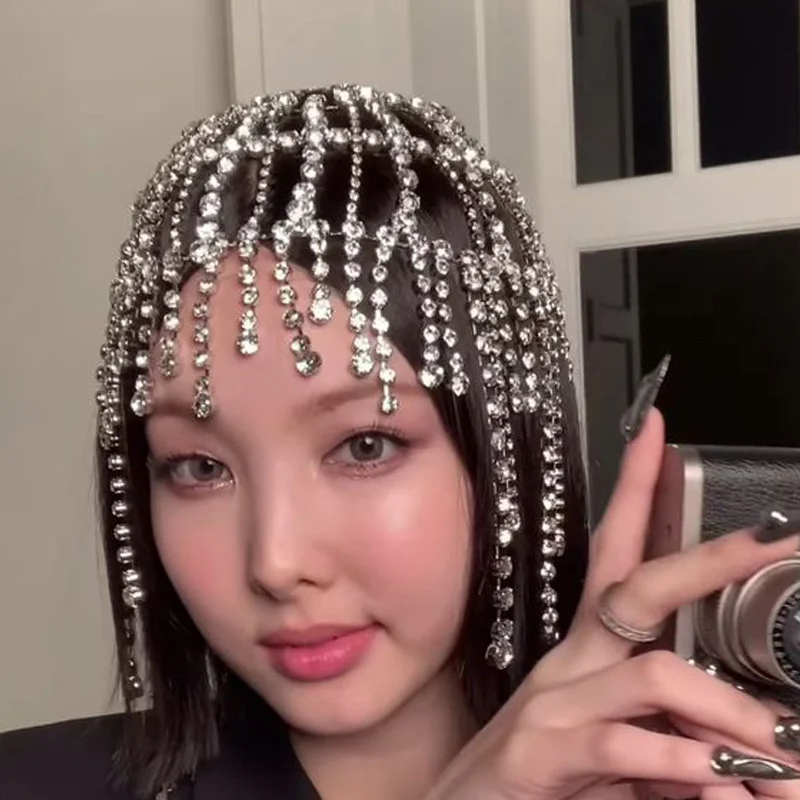 Club Glitter Rhinestone Short Fringed Hair Chain Headband Stage Performance for Women Crystal Headwear Headpiece Head Wig Chain