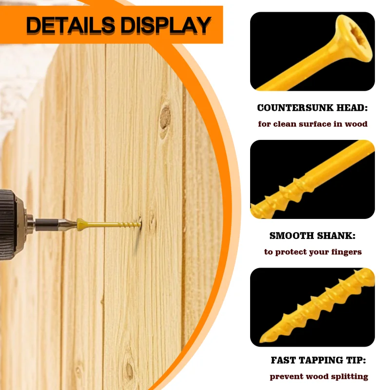 VKKM #8 Yellow Torx Wood Screws, 500Pcs – Coarse Thread, Zinc Plated, Rust-Resistant for Furniture, Cabinets & DIY Projects