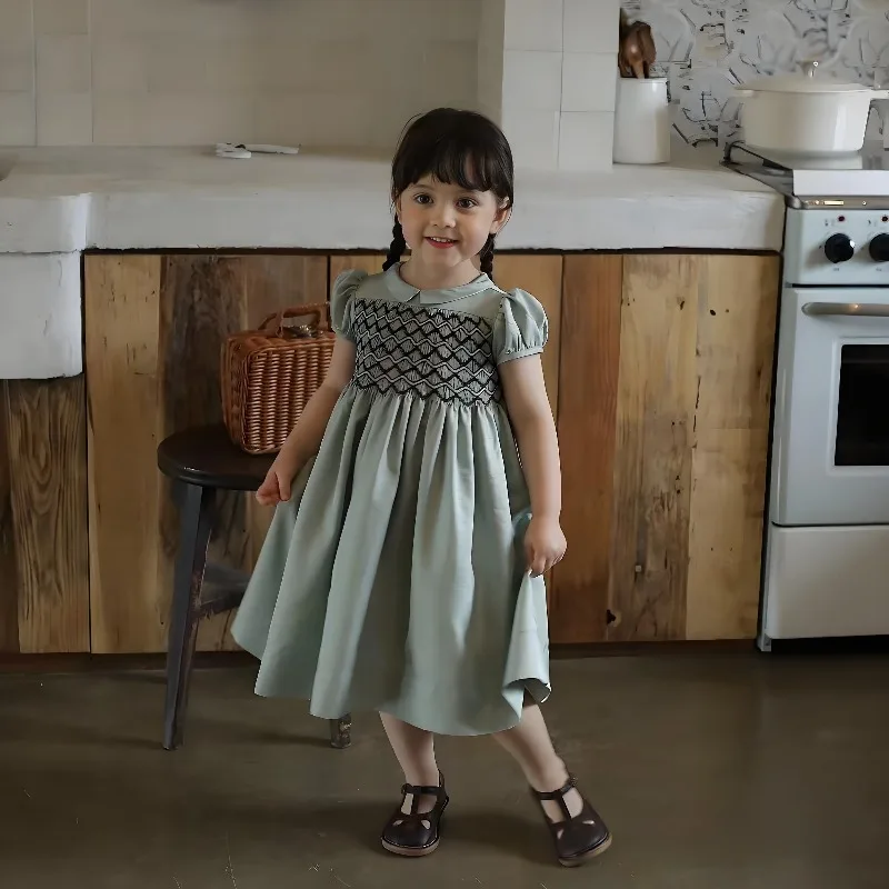 Handmade Girls Green Simulated Silk Smocking  Dress Children's Doll Collar Wrinkle Dress Flower Girls Party Wedding Clothes