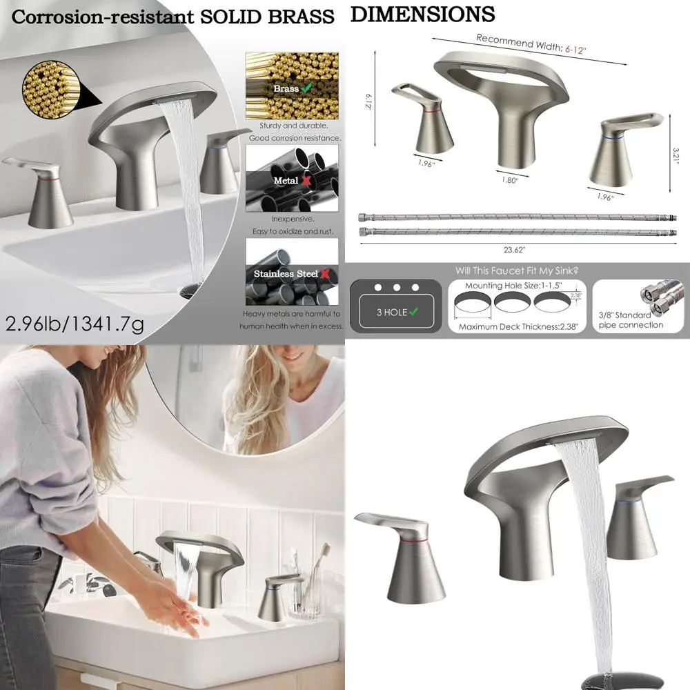 

8 Brushed Nickel 3-Hole Widespread Solid Brass Bathroom Sink Faucet with Adjustable Spout and Dual Handles
