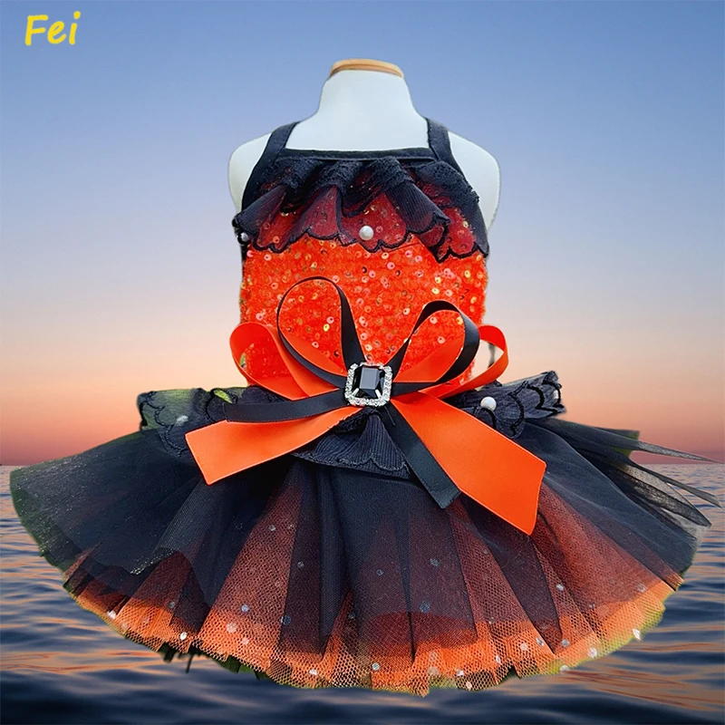 

Halloween Party Dog Princess Dress with Orange Black Sequin Lace Bow, Tuxedo Costume for Teacup Pomeranian Autumn Wedding Pet