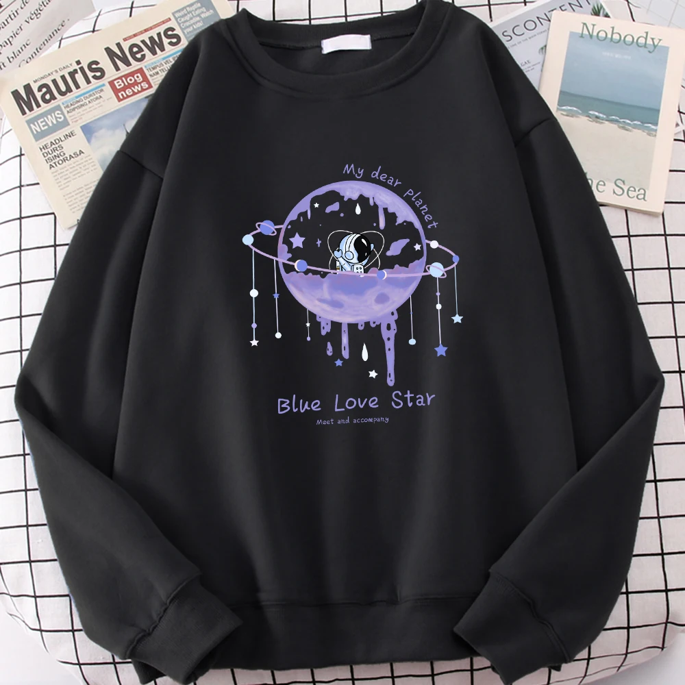 

Blue Love Star Planet Pattern Women Sweatshirt Street Casual Pullovers Hipster Loose Clothes Hip Hop Fleece Woman Streetwear