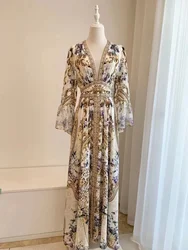 Women Beaded Midi Dress Floral Printed V-Neck Long Sleeve 100% Silk Vintage Female Robe