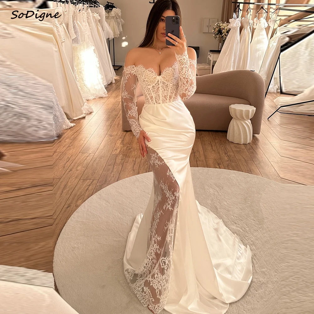 

SoDigne Mermaid Satin/Lace Wedding Dresses Off Shoulder Long Sleeves Bridal Dress Beach Wedding Gown Robe De Mairee ﻿Customized