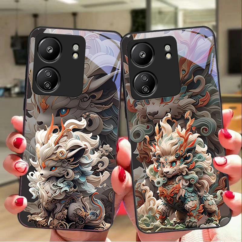 

Chinese Style Lion For Xiaomi Redmi 13C Note13 12 Pro Plus 5G Note 9 13T Pro POCO X6 F5 F6 Black Tempered Glass Phone Case