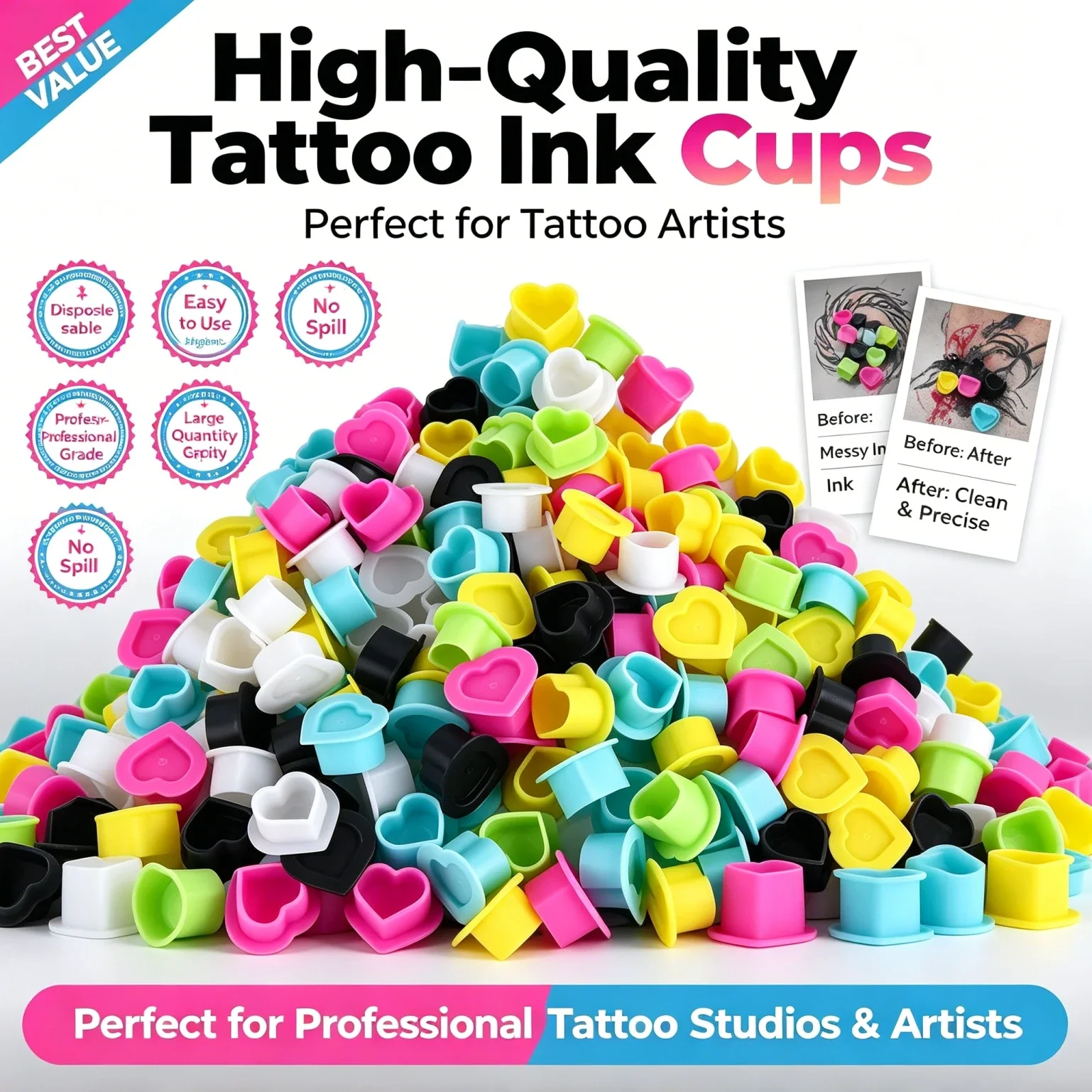 50/100/200PCS Tattoo Ink Cups Silicone Heart Shaped Tattoo Ink Cups  Disposable Pigment Caps Silicone Ink Caps with Base Caps