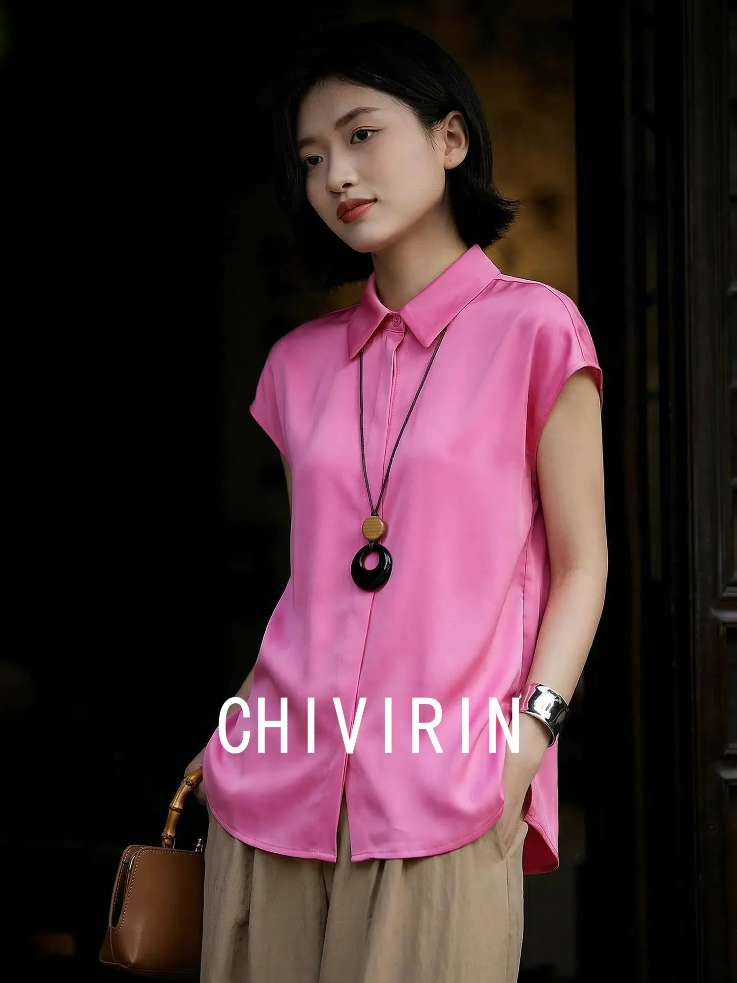 

Elegant Style Short Sleeve Loose Fit Women's Shirt Pink Color Slimming Summer Fashion Casual Wear Comfortable Polyester Fiber