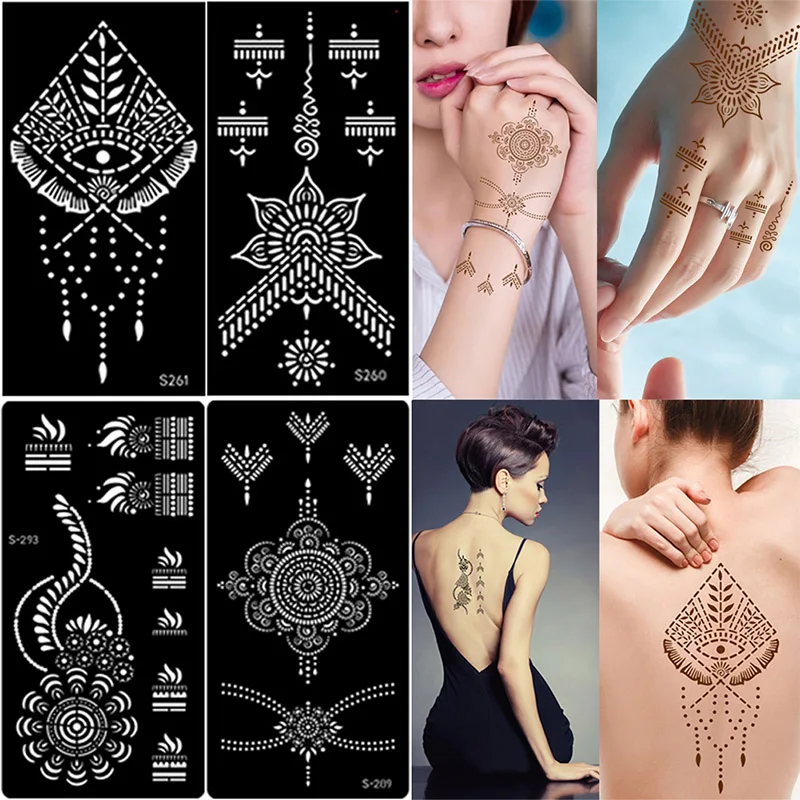 16 Sheets Henna Tattoo Sticker For Hands Tattoo Temporary Waterproof Templates Tattoo Stencil For Wedding Makeup Party Supplies