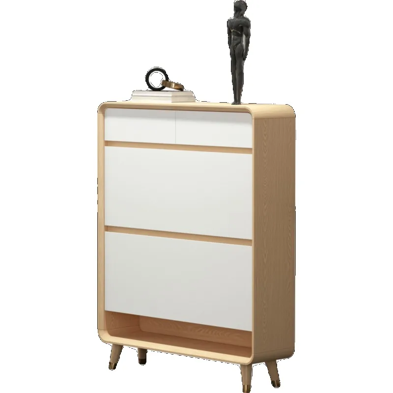 Home ultra-thin tipping bucket shoe cabinet Nordic home door solid wood color simple modern large-capacity new door narrow cabin